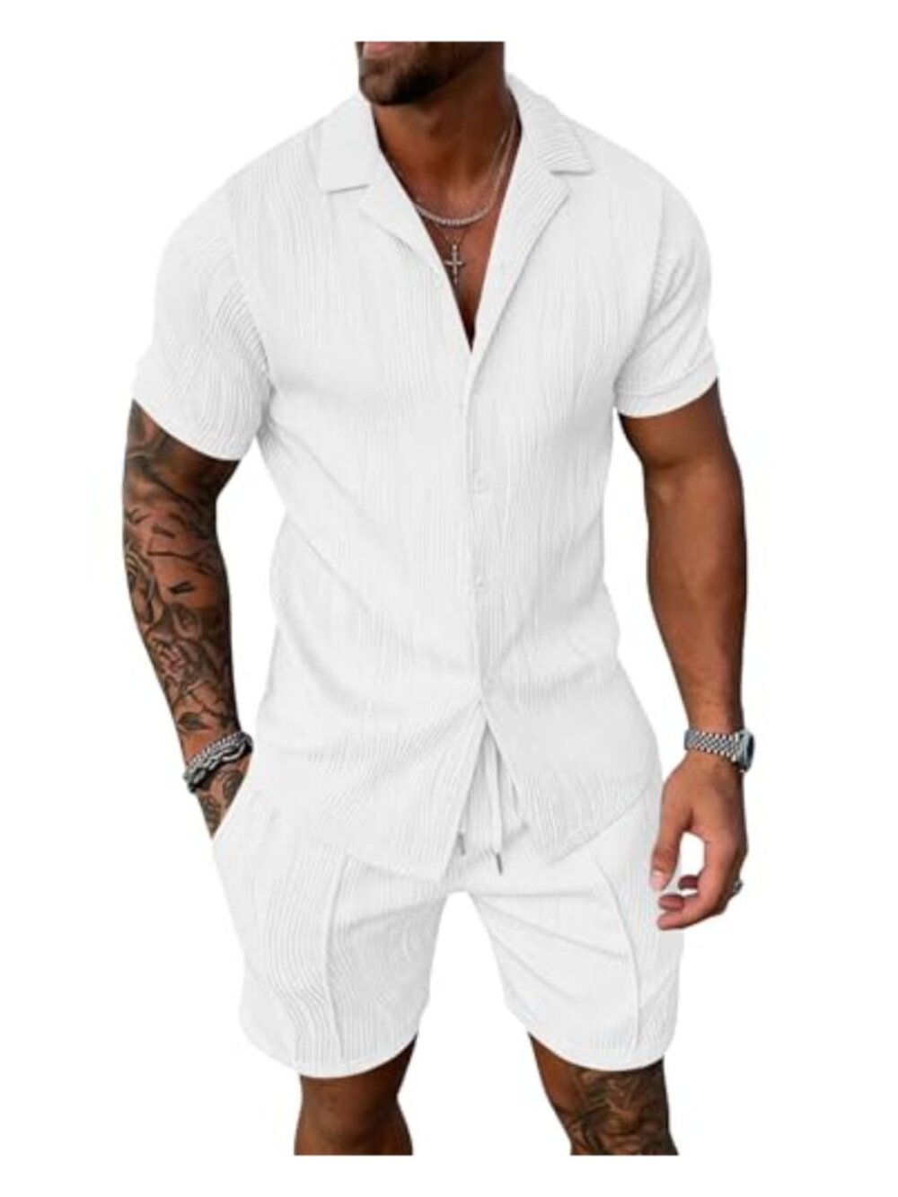 2-Piece Summer Outfit Set - Short Sleeve Button Down Shirt & Shorts - Polyester
